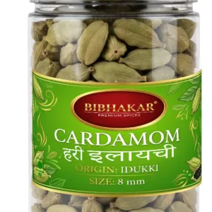 Bibhakar Green Cardamom (choti elaichi) from Idukki, Kerala in a clear jar