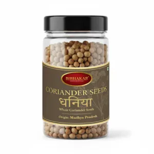 Bibhakar Coriander Seeds (dhaniya) from Madhya Pradesh in a clear jar