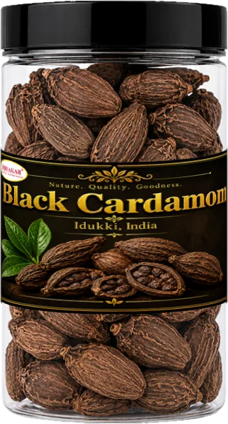 Bibhakar black cardamom (badi elaichi) whole pods in a clear jar