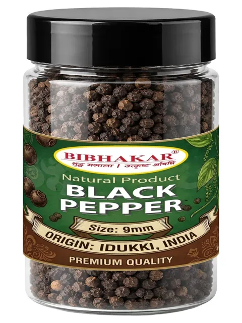 Black pepper in a clear Bibhakar jar with a black cap