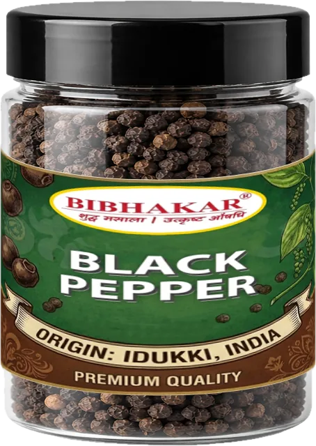 Bibhakar black pepper (kali mirch) whole peppercorns in a clear jar