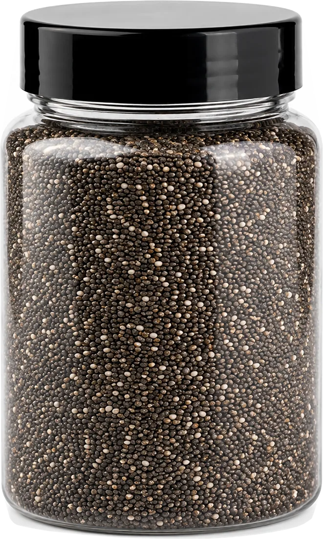 Bibhakar whole black chia seeds from Karnataka in a clear jar