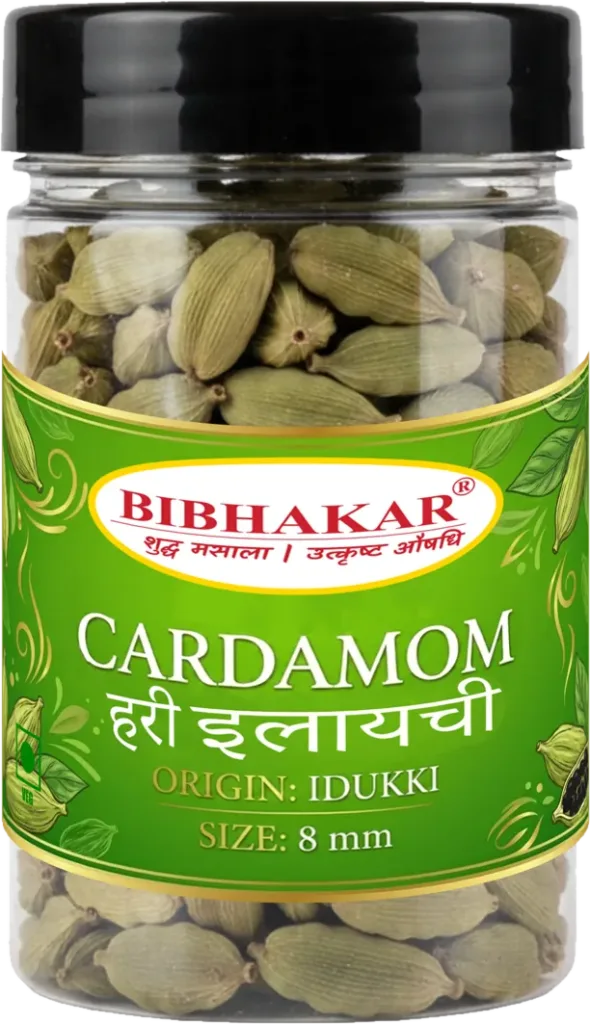 Idukki green cardamom (elaichi) in a clear Bibhakar jar
