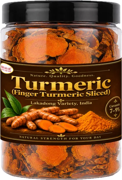 Lakadong turmeric whole roots in a clear Bibhakar jar