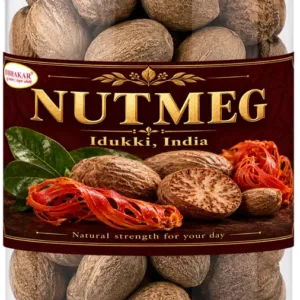 Bibhakar Nutmeg (jaiphal) from Idukki, Kerala in a clear jar